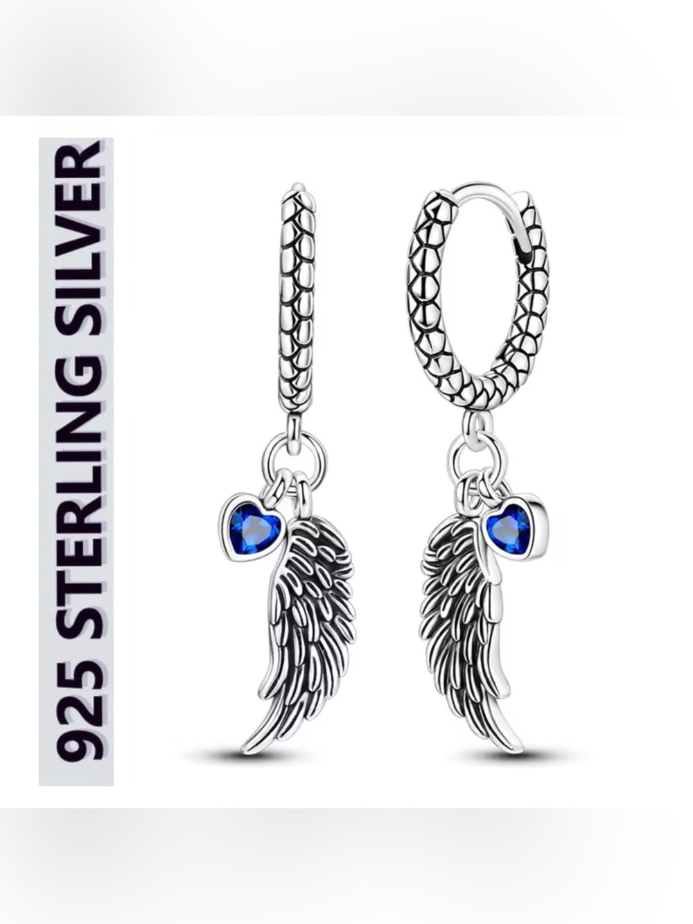 🌟🌟 S925 Sterling Silver Blue Crystal Angel Wing Hoop Earrings
